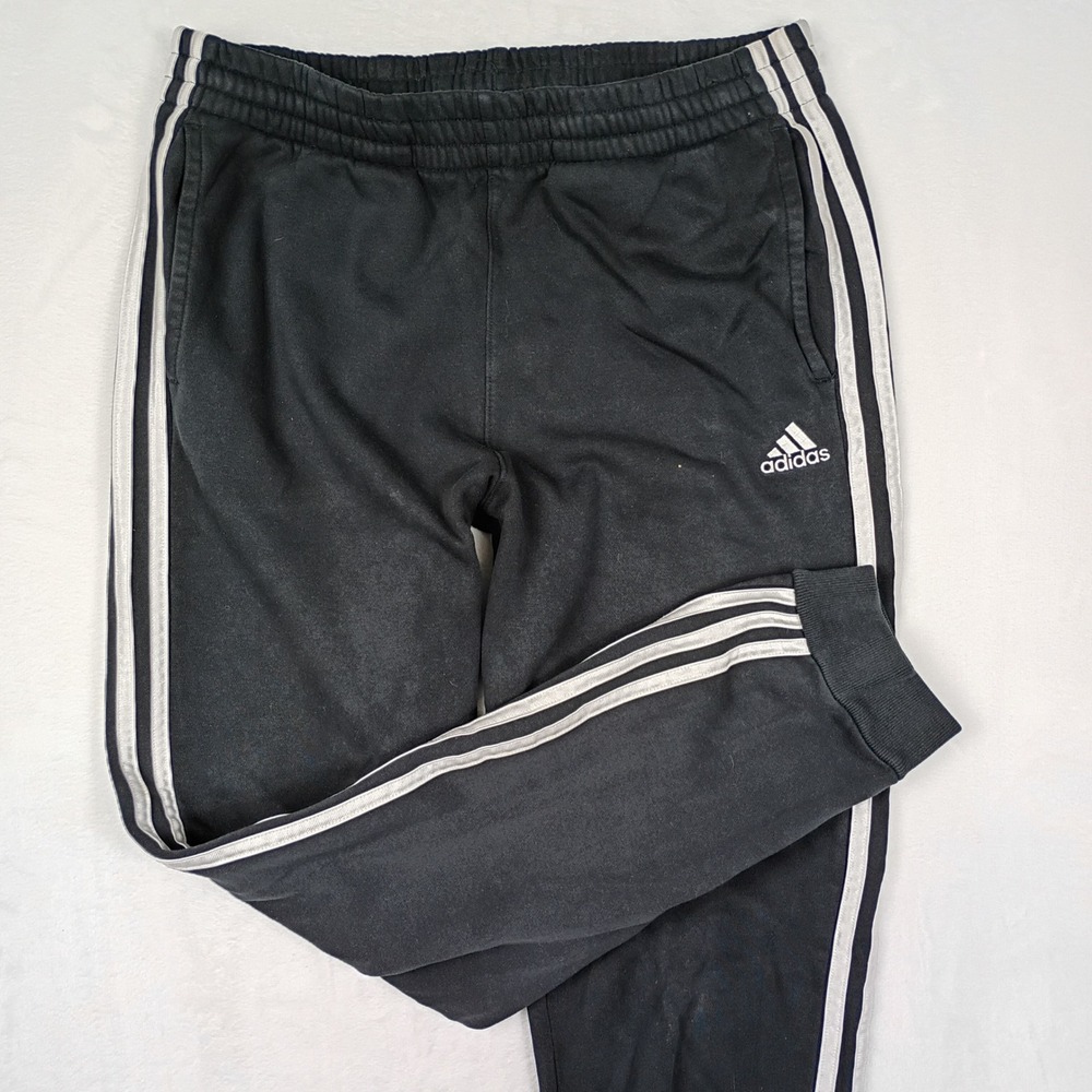 Adidas Boys XL 18/20 Black 3-Stripe Fleece Jogger Track Pants White Logo